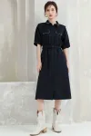 Jimmy Seo washed cotton shirt Dress 2021 New Summer Korean-style stylish cinched waist tie single-breasted dress Specification image